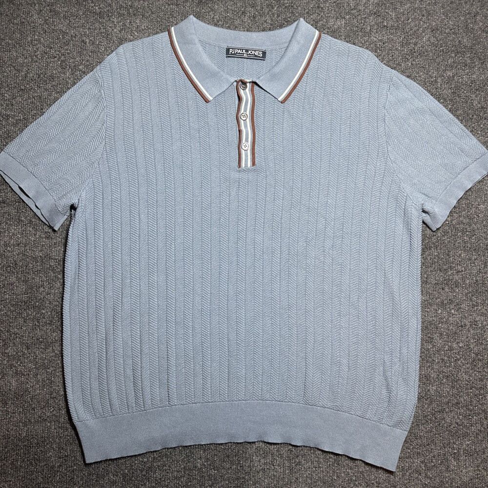 PJ Paul Jones Mens Polo Blue Knit Textured Shirt Short Sleeve XL Retro Style